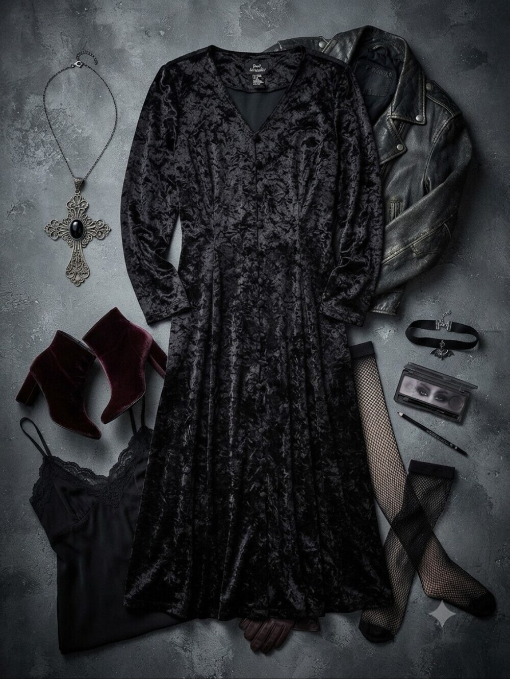 Vintage Brett Alixander Black Crushed Velvet Long Sleeve Midi Dress